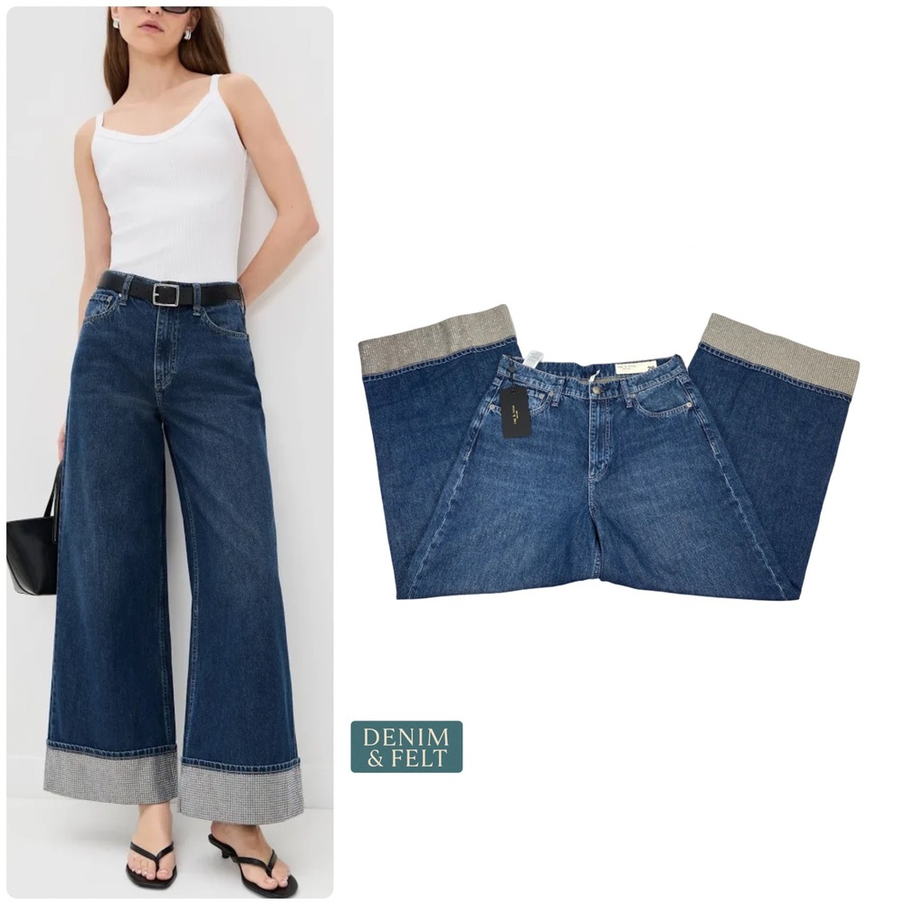 NEW Rag & Bone Sofie Wide Leg Jeans Dawn Jewel Crystal Cuff High Rise 28